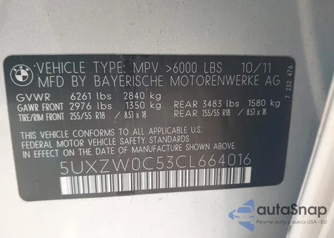 2012 BMW X5 xDrive35D z USA, uszkodzony, nr VIN 5UXZW0C53CL664016